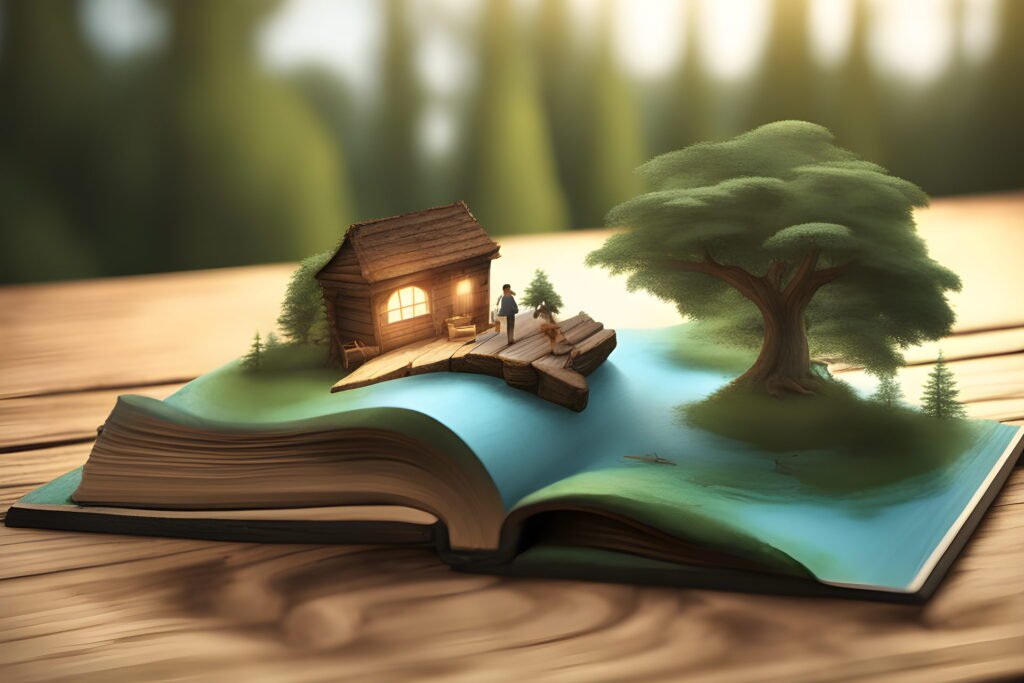 Escena: Un libro antiguo abierto sobre una mesa de madera rústica. De sus páginas emergen ilustraciones en 3D como si cobraran vida: un árbol frondoso, un río pequeño, una montaña, un castillo, personas caminando, un dragón pequeño volando, y un cielo lleno de estrellas dibujadas. Estilo: Realista con un toque de fantasía, luz cálida y mágica que parece salir del libro. Las figuras deben tener trazos finos realistic photo of, award winning photograph, 50mm, by Thomas Kinkade, Cinematic Lighting